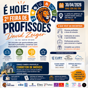 Arte da Feira de Profissões David Zeiger 2026 em São Paulo com destaque para corretor de imóveis.