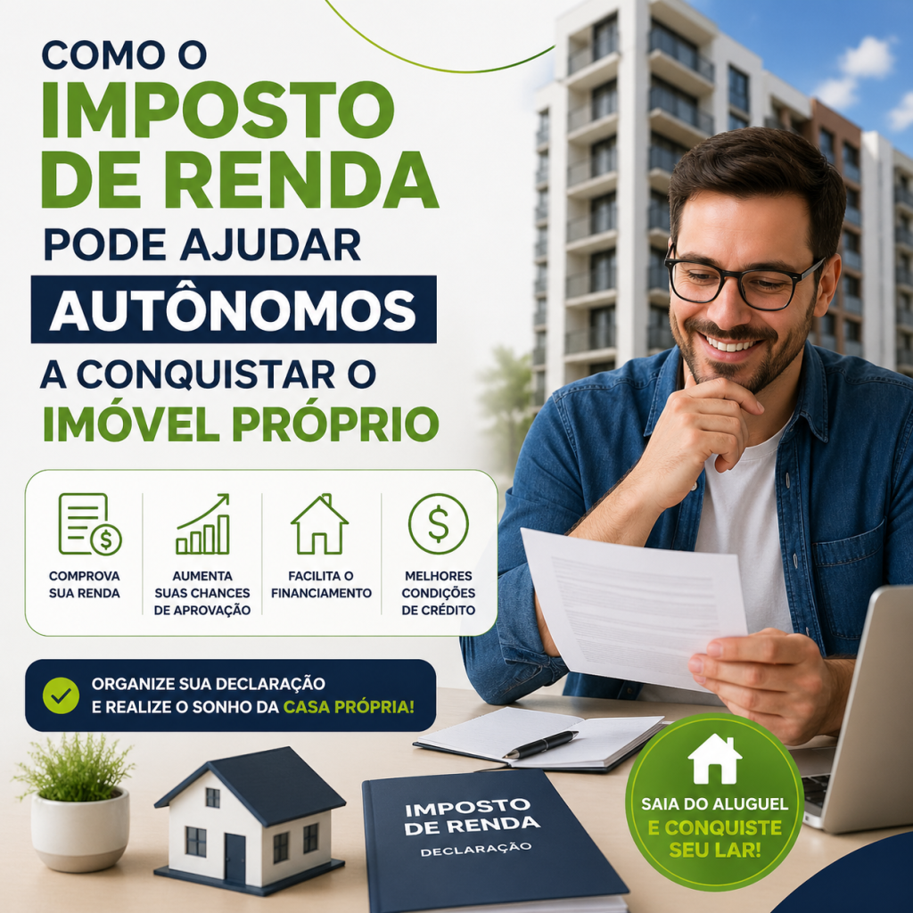 Autônomo analisando documento de imposto de renda com prédio ao fundo, representando financiamento imobiliário e conquista da casa própria