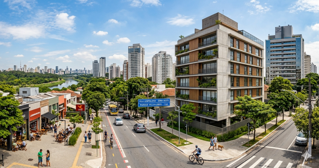 Prédio residencial contemporâneo em rua arborizada na Vila Leopoldina Vista aérea da Avenida Dr. Gastão Vidigal na Vila Leopoldina, mostrando a ciclovia, prédios modernos e a entrada do Parque Villa-Lobos ao fundo.