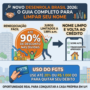 Infográfico sobre o Novo Desenrola Brasil 2026 destacando descontos de até 90% e uso do FGTS.