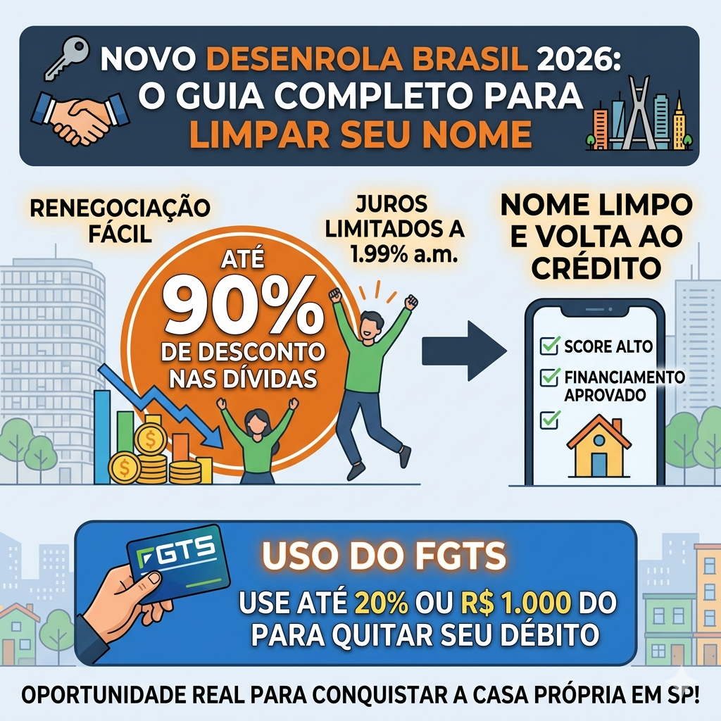 Infográfico sobre o Novo Desenrola Brasil 2026 destacando descontos de até 90% e uso do FGTS.