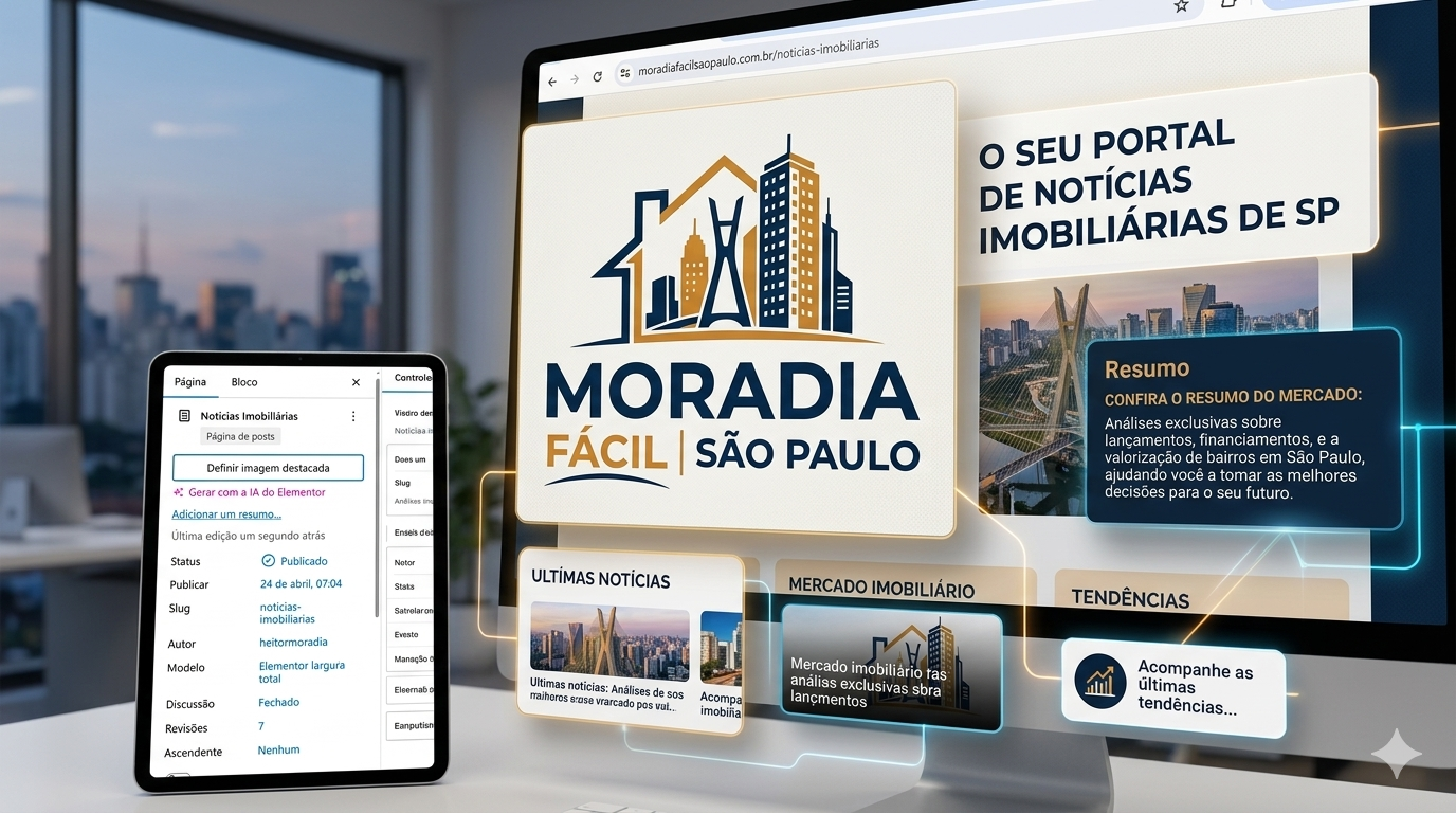 Uma composição digital moderna exibindo o logotipo da "Moradia Fácil São Paulo" em destaque sobre a tela de um monitor, cercado por elementos flutuantes que mostram notícias imobiliárias, tendências de mercado e o skyline da cidade de São Paulo ao fundo.
